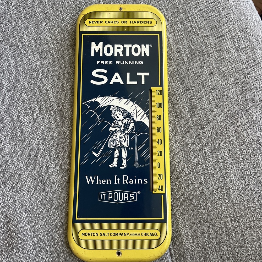 Vintage Morton Free Running Salt Metal Advertising Thermometer Sign - Works